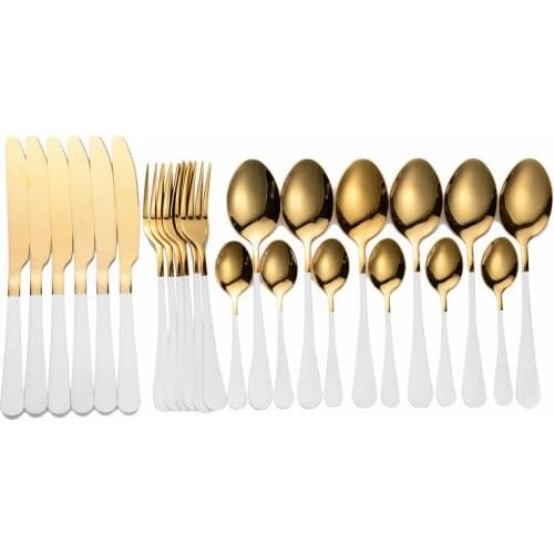 White Gold Dinnerware Set Forks Spoons Knives Cutlery Set 24 Piece Stainless Steel Cutlery Forks and Spoon Set Tableware Sets