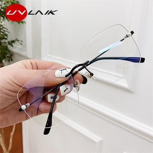 UVLAIK Lock Blue Light Glasses Frame Rimless Oversized Computer Eyeglasses Frames Vintage Men Women Transparent Eyewear