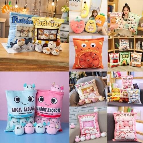 A Plushie Bag Pudding Toys Mini Animals Balls Doll Sakura Bunny Pig Hamster Penguin Fruits Strawberry Banana Candy Bag for Nap