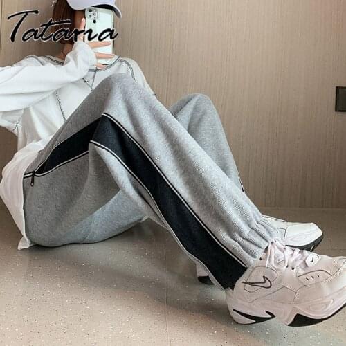Gray Joggers Women Sweatpants with Side Zipper Splicing Wide Leg Pants Autumn Woman Drawstring Long Trousers Stacked Track Pants
