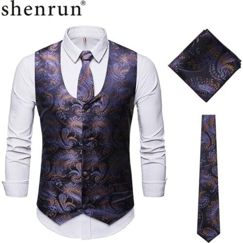 Shenrun Vests Banquet Stage Wedding Groom Party Prom Paisley Pattern Ball Singer Host Waistcoats Dancer Tie Square 3 Pieces Set