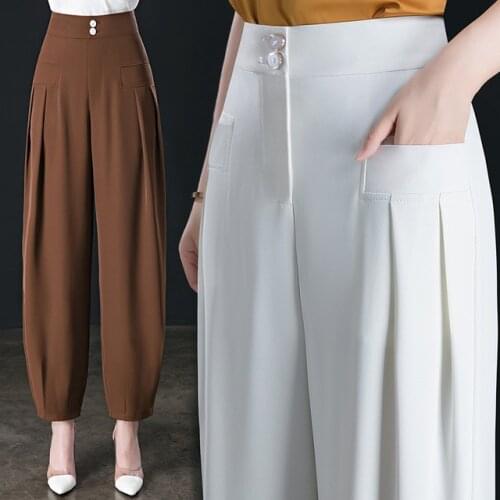 Lantern Pant Womens Solid Pockets Nine Points Plus Size Office Lady Trouser Loose Summer Spring Button Casual Pants for Female