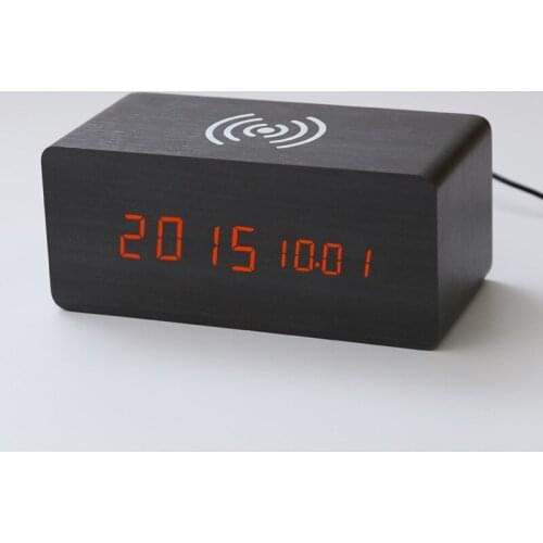 Modern Wooden Wood Digital LED Desk Alarm Clock Thermometer Wireless Charger With Qi Wireless Charging Pad Alarm Clock LED