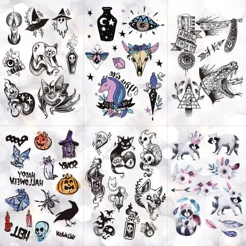 Ghost Witch Candle Waterproof Temporary Tattoo Sticker Skull Halloween Crow Old School Flash Tattoos Body Art Arm Fake Tatoo