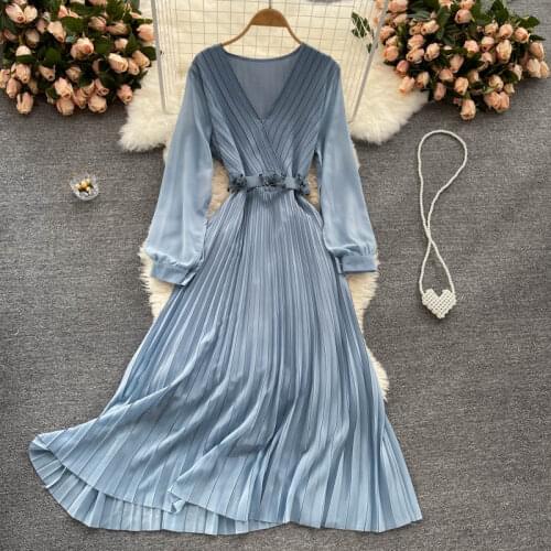 High Quality 2021 Autumn Elegant Women V Neck Long Sleeve Pleated Dress With Belt Fashion Ladies Party Dresses