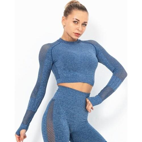Women Energy Seamless Sexy Breathable Mesh Knitted Gym Sportswear Long Sleeve Top Running T-Shirts Yoga Wear Exercise Crop Top
