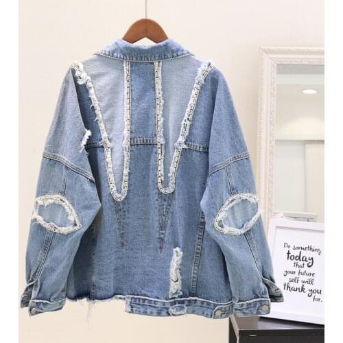 Autumn Hole Sequins Irregular Denim Cropped Coat Women Casual Loose Preppy Jean Jacket High Quality Boyfriend Blue Jaqueta