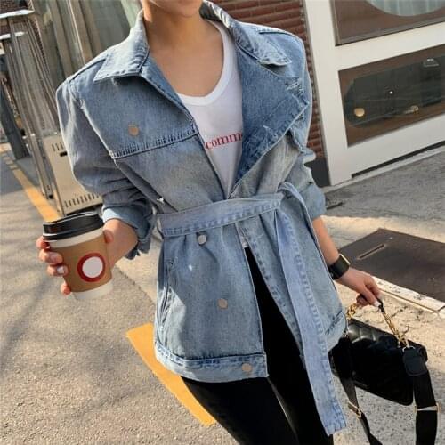 New 2021 Spring Autumn Womens Denim Jeans Jackets Casual Turn-down Collar Sashes Streetwear Asymmetrical Tops