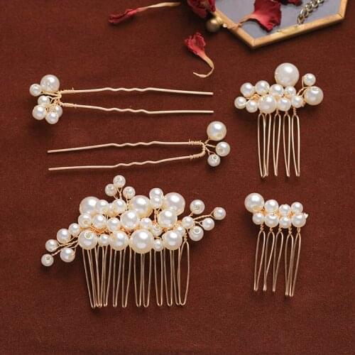 FORSEVEN Gold Handmade Imitation Pearl Hair Combs Jewelry Sets Women Hair Sticks Tiaras Hairpins Wedding Hair Accessories JL