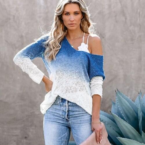 2021 Autumn Cover Up Women Sweater Casual Loose Long Sleeve V Neck Gradient Elegant Spring Basic Thin Sweaters Pull Jumper Tops