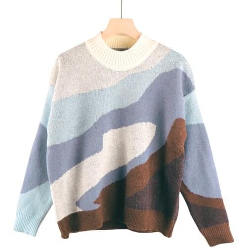 Print Knitted Sweater Women Pullover Harajuku Vintage Korean Fashion Short Sweater Loose Lazy Sweater Winter Cloth Outerwear