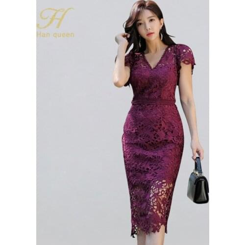 H Han Queen Sexy Hollow Out Lace Pencil Dress Women Autumn New V-neck Sheath Bodycon Dresses Casual Evening Party Club Vestidos