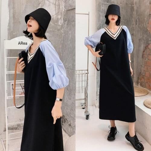 Women Dress Oversize V-neck Bubble Short Sleeve Loose Casual Patchwork Long T-shirt Dresses Lady Summer Clothes Fashion Vestidos