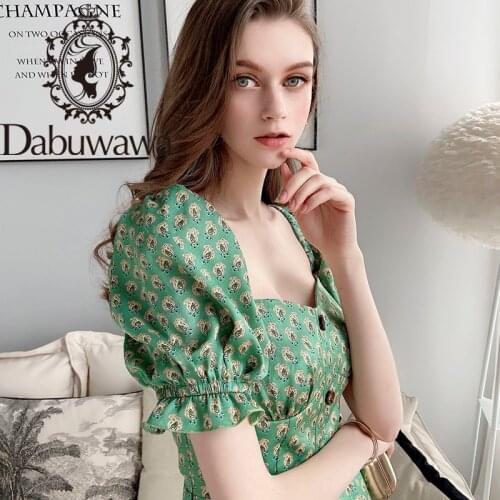 Dabuwawa Vintage Puff Sleeve Button Up Front Fit And Flare Print Dress Women Square Collar A Line Dress Female DT1BDR054