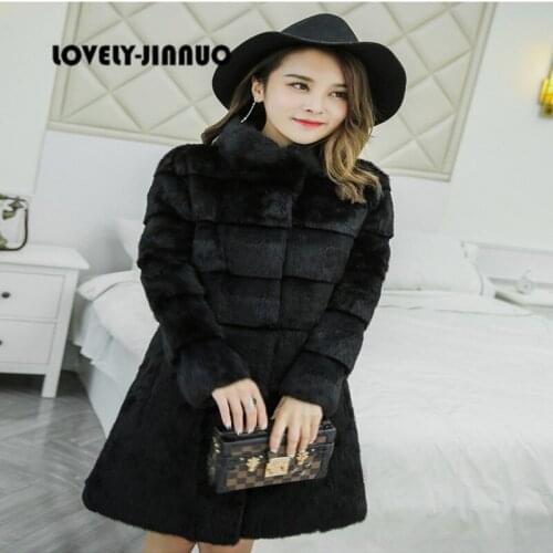 Genuine natural real rabbit fur coat women fashion medium-long stand collar overcoat autumn and winter warm free shipping JN159