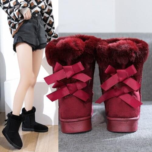 Snow Boots Women Winter TheNew Fashion Ankle Butterfly-knot Slip-On Round Toe Flat With Solid Plush Keep Warm Boots Short Tube