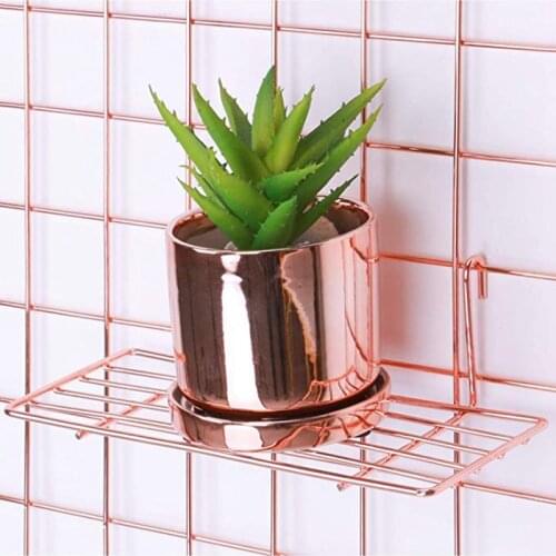 3 Pcs Rose Gold Grid Basket with Hooks Bookshelf Display Shelf for Wall Grid Panel Wall Mount Organizer and Storage Shelf Rack f