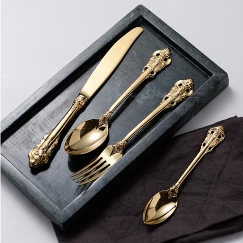 4pcs/set Aulic Retro Dinnerware with Cameo Vintage 304 Stainless Steel Cutlery Gold Silver Tableware Fork Knife Spoon