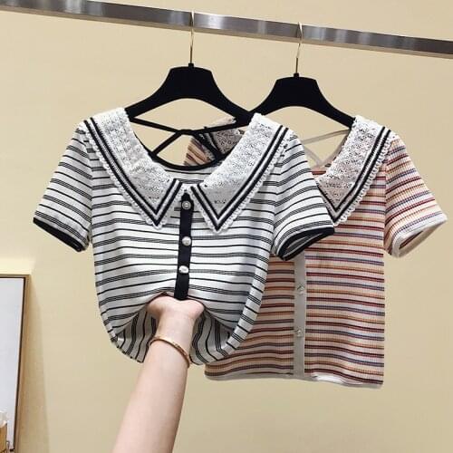 Backless Blouses Shirts For Women Peter Pan Collar Striped Hollow Out Short Sleeve Summer Tops Female Blusas Casual #H65