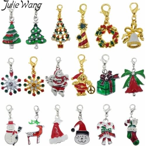 Julie Wang 6PCS Enamel Christmas Decoration Tree Bell Snowman Keychains Alloy Lobster Buckle Clasp Charms Key Chains Jewelry