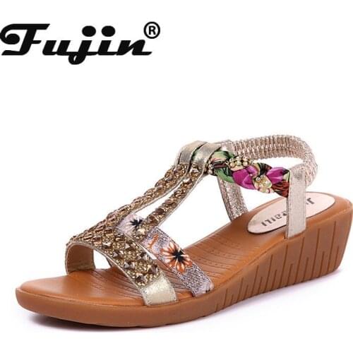 Fujin 2021 Wedge Sandals Shoes Summer Women Wedge Platform Heel Rhinestone Beach Slip Flip Flop Beach Bling Bling Ins Shoes