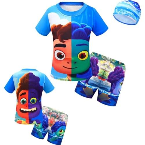 Luca Pixar Disney Alberto 3D Print Short Sleeve Set Childrens Swimsuit Swimming Trunks Swimming Cap Sea Monster Cosplay Costume