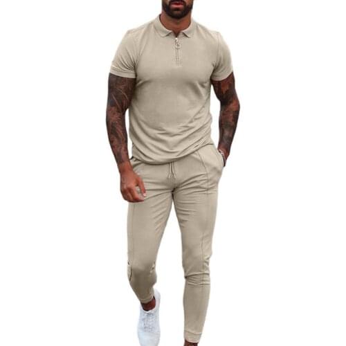 Men Tracksuit T-shirt Pants Set Soft sweatsuit set Sportswear Solid Color Drawstring Summer Lapel T-shirt Pockets Pants Fitness