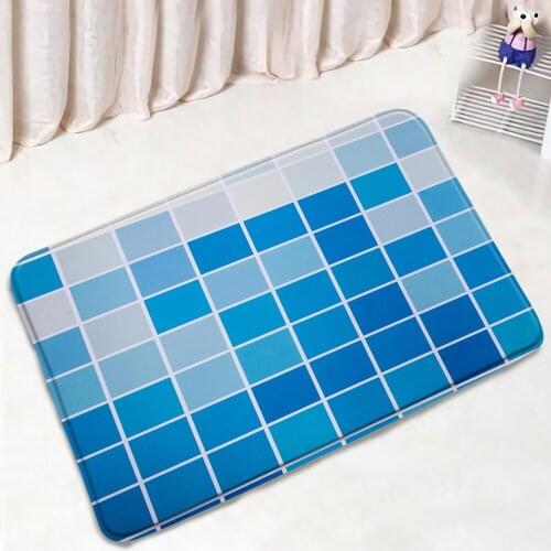 Geometric Bathroom Mat Blue Stripes Modern Minimalist Pattern Non-Slip Carpet Flannel Suede Home Decor Bath Kitchen Doorway Rug