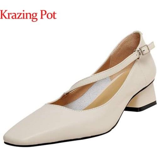 Krazing Pot genuine leather square toe med heels shallow British school daily wear energy maiden buckle straps women pumps L15