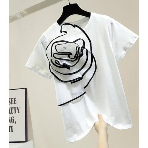 Summer New Three-Dimensional Large Flowers Decoration Short Sleeve T-shirt Female Fashion Tops Floral T Shirt Ladies Tops