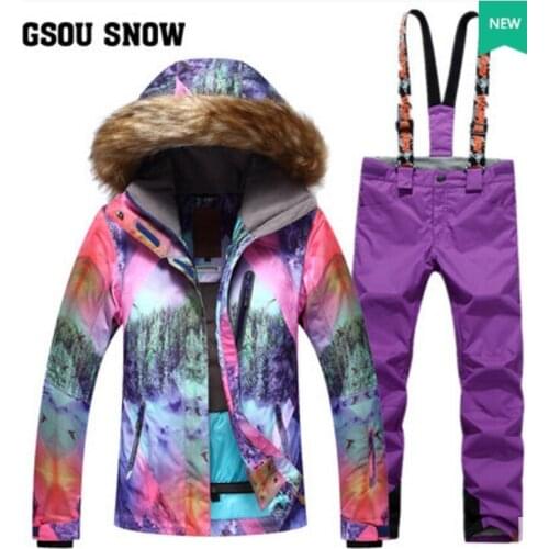 Womens Violet Ski Suit Female Purple Fur Collar Snowboarding Jacket And Suspender Pants Set Waterproof 10K Skiwear