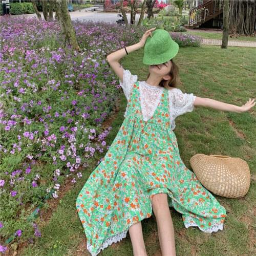 Sweet Lace Spliced Floral Derss Suits Women Summer 2021 New Deep V-neck Loose Sleeveless Dress+Lace Blouse 2 Pieces Set