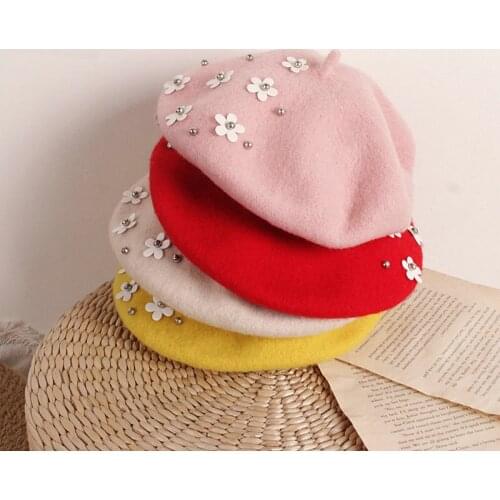 Fashion Kids Wool Winter Warm Hat Flower Beret Hat For Girls Painter Cap Solid Color Cute Girls Flower Berets For 2-6T Infant