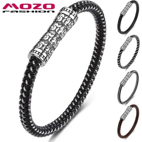 MOZO FASHION 2021 Trendy Men Charm Bracelet Black Genuine Leather Rope Wholesale Simple Style Punk Women Jewelry Gift 615