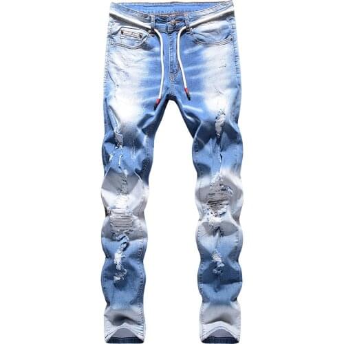 Mens Light Blue Holes Ripped Stretch Denim Jeans Streetwear Slim Skinny Destroyed Pants Trousers