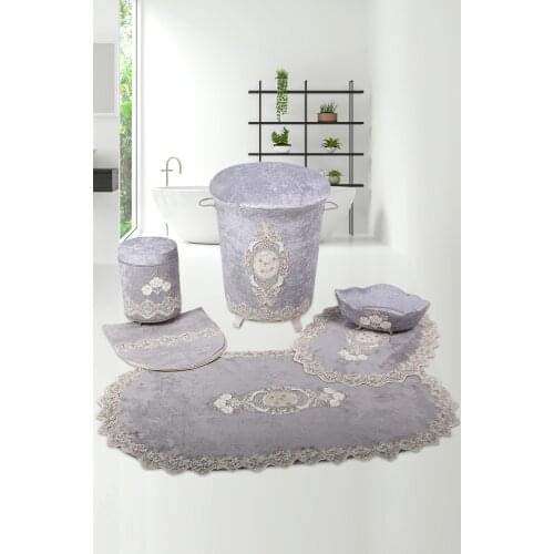 Gray 6 Piece Lacy Bathroom Dirty Laundry Basket Set Bath Mat Set