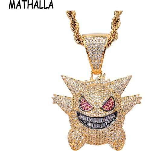 MATHALLA Small Pokemon Pendant Necklace Ice Out AAA Colored Zircon Necklace Glittering Hip Hop Mens Womens Gift Accessories