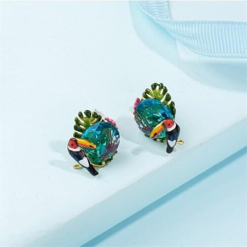New European and American Personalized Hand-painted Enamel Hornbill Earrings Fashion Simple Love Bird 925 Silver Needle Earrings