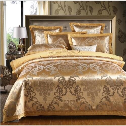 Gold Jacquard Satin Duvet Cover Sets King Queen Size 4pcs Noble Bedding Embroidered Bedclothes Bed Sheet Cotton Home Decoration