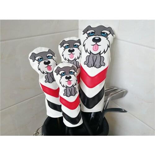 Lovely Schnauzer Golf Woods Head Covers Cartoon Animal Drive Fairway Hybrid Rescue PU Leather Embroidery Headcovers Golf Covers