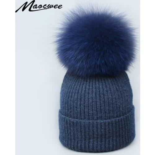 Real Fox Fur pom poms ball Skullies Beanies Keep Warm Winter Hat for Women Child Girl 's Wool Hat Knitted cap thick female cap