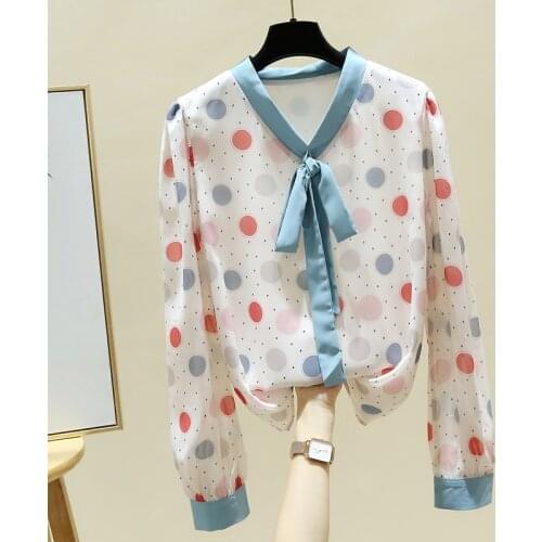 Long Sleeve V-Neck Polka Dot Chiffon Blouse Shirt Women Tops Blouse Women Blusas Mujer De Moda 2021 Women Clothing Blusa E68