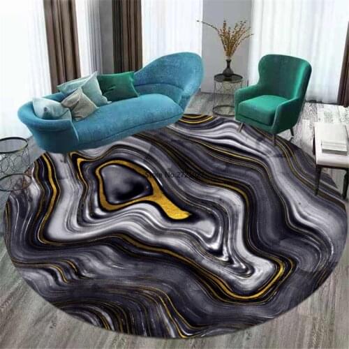 Nordic Dark Grey Gold Line Marble Round Carpet Living Room 3D Black Abstract Carpet Chair Mat Floor Mat