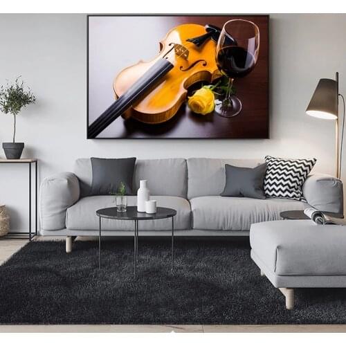 Modern Wall Art Decorative Canvas Prints Romantic Violin Rose And Red Wine Canvas Art Paintings Realist Picture For Kitchen Room