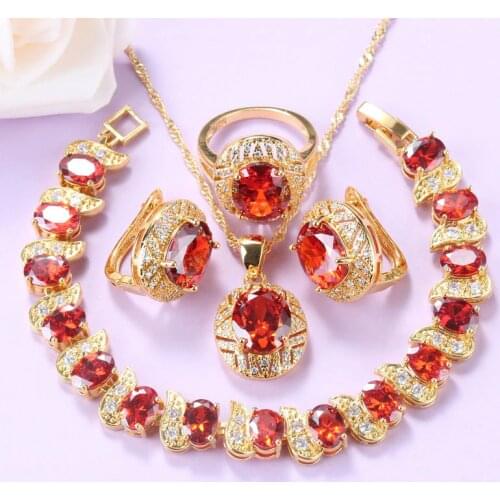 High Quality Gold Color Bridal African Jewelry Sets Red Cubic Zircon Women Accessories Charm Bracelet And Ring Dubai Jewelry