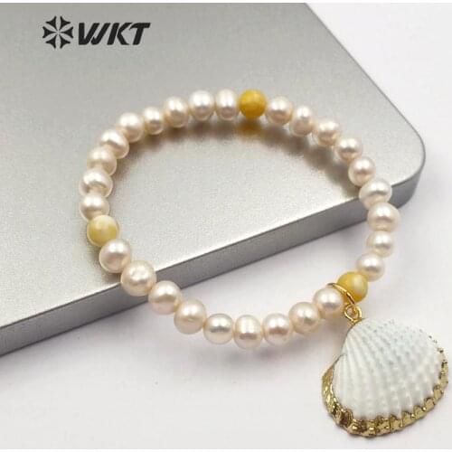 WT-B491 latest design full gold tirm scallop shell Bracelet charm handmade beads Bangle summer beach pearl Bracelet Jewelry