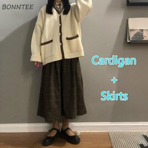 Autumn Women Sets 2 Piece Casual Cardigans Pockets Long Sleeve Knitted Sweater Oversize High Waist Skirts Plaid Harajuku Student