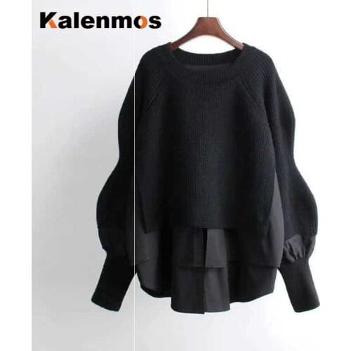 Sweater Women Spring Fall Winter Thick Long Slevee Beading Patchwork Tops Korean Japan Loose Sweaters Streetwear Pullovers