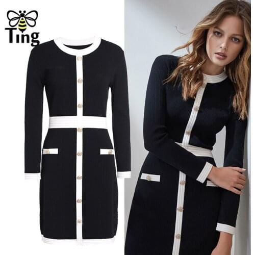 Tingfly Vintage Sexy Knitting Black Bodycon Knee Length Casual Dress Women Spring Autumn Street Chic Dress Hot Curve Vestidos