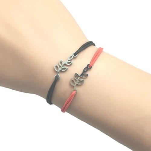 2pcs Wish Bracelet Stainless Steel Leaf Charm Heart Pendant Adjustable Cord Bracelet